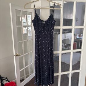 Navy and white polka dot midi dress